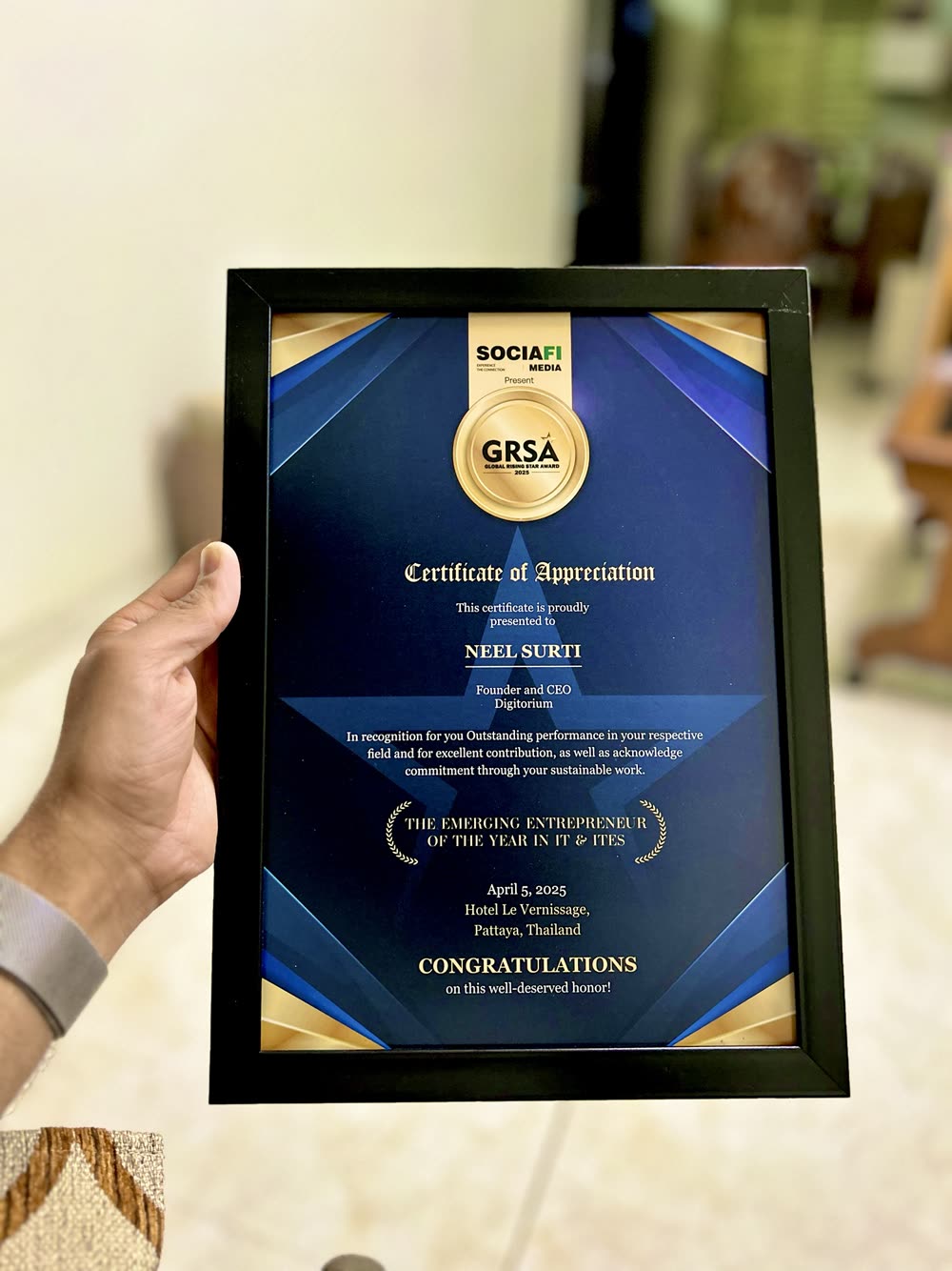 GRSA 2025 certificate: Emerging Entrepreneur of the Year in IT & ITES, Neel Surti, Digitorium
