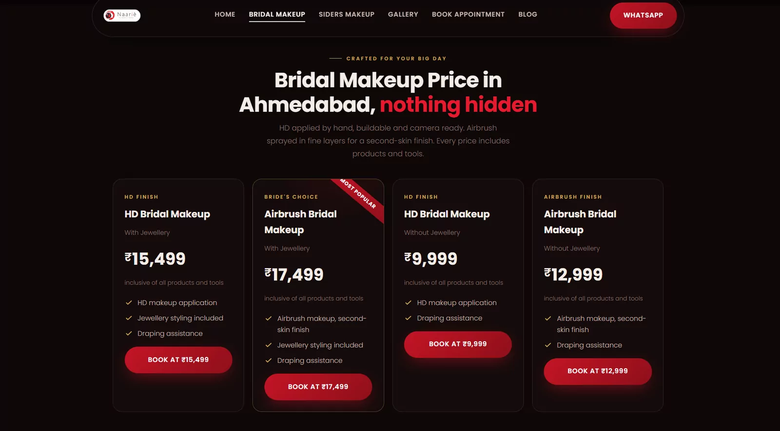 Naarie bridal packages page with prices stated openly